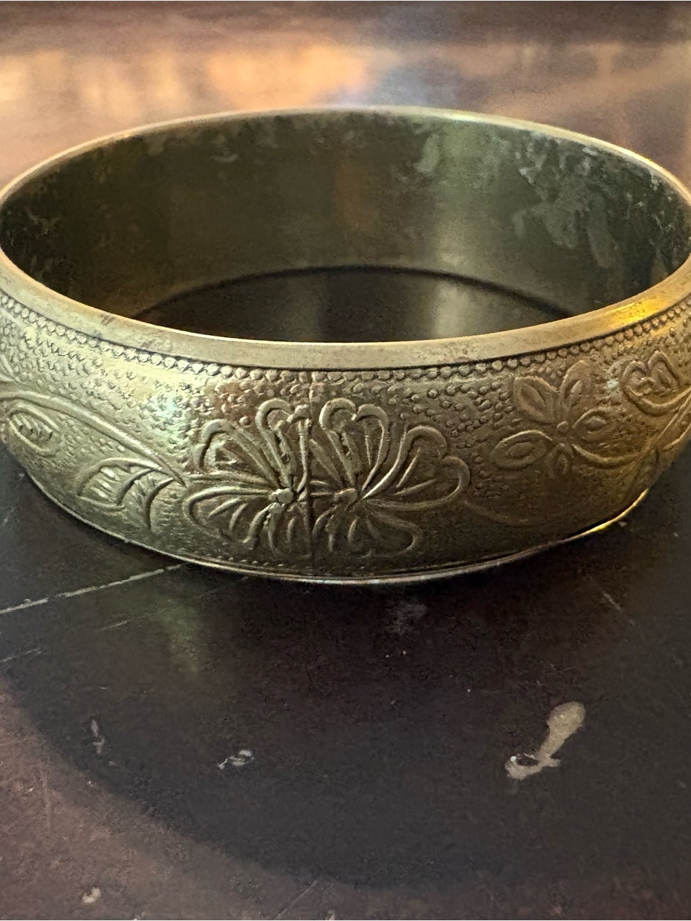 Engraved Floral Metal Bangle Bracelet - Antique Brass Tone